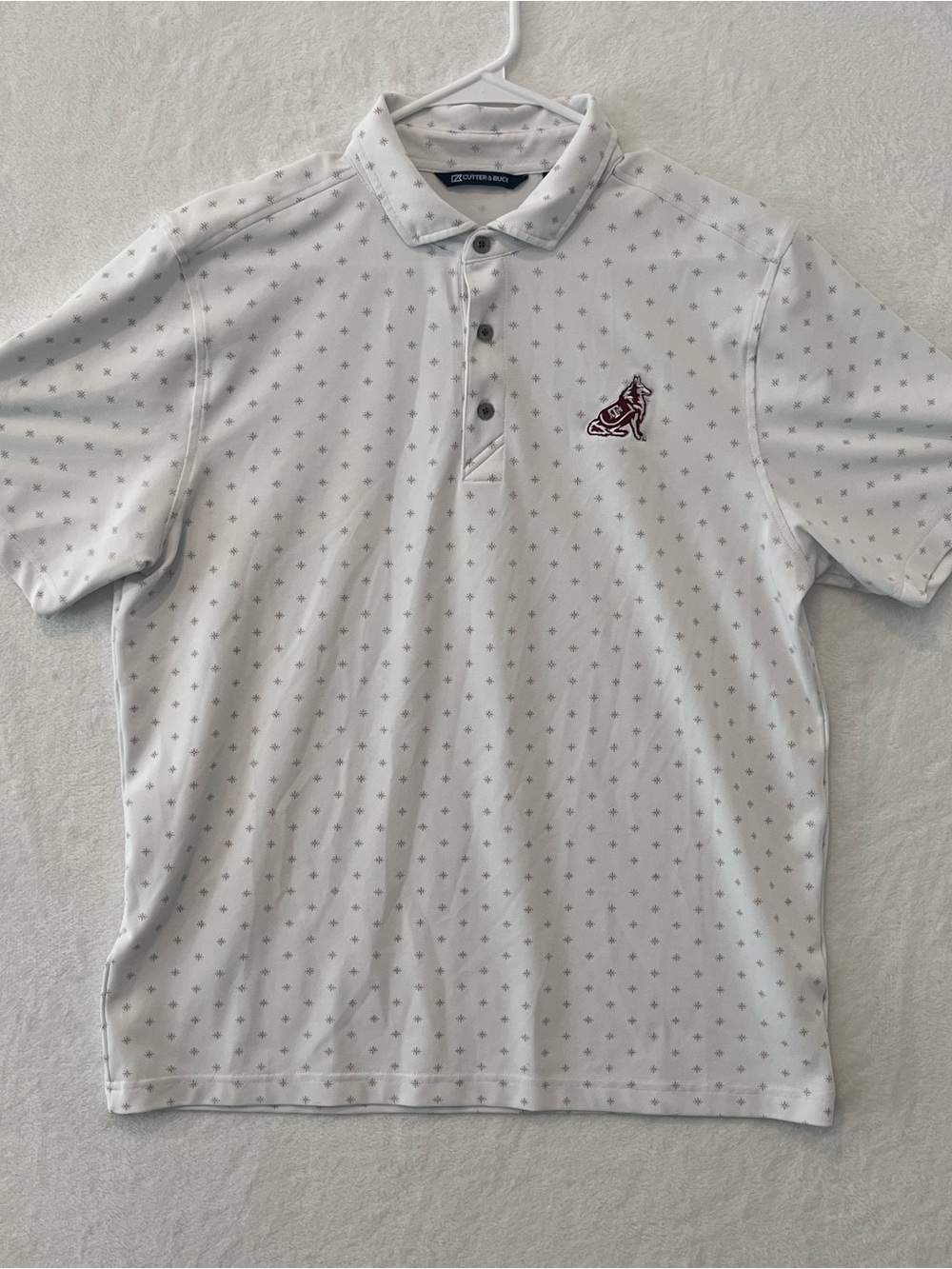 Cutter & Buck Texas A&M White Polo with Small Gray Pattern and Maroon Reveille